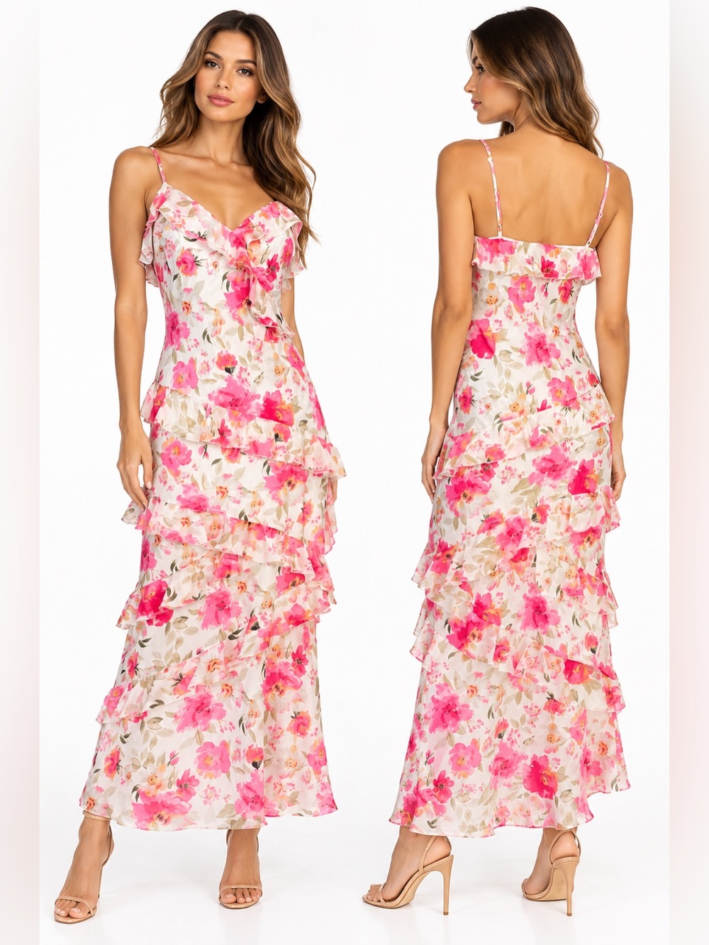 Crystal Doll Floral Ruffle Maxi Dress Size Small Pink Ivory